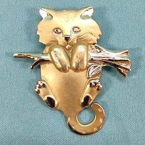 Gold tone Cat on Branch Brooch Pin by AJC